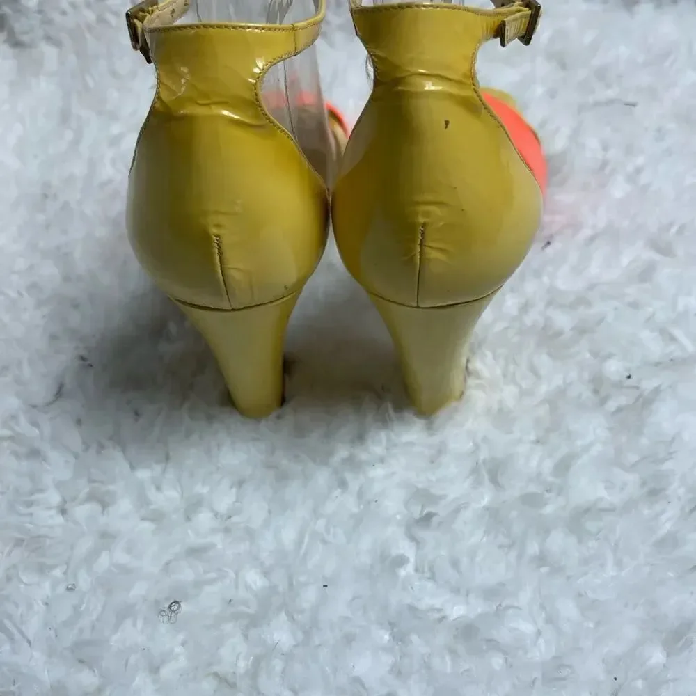 Kate Spade patent leather mustard yellow and coral ankle strap sandals size 9.5